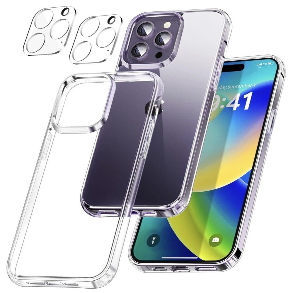 For iPhone 14 Pro Max Clear TPU Case 6.7" 2 Camera Lens Protectors Never Yellows